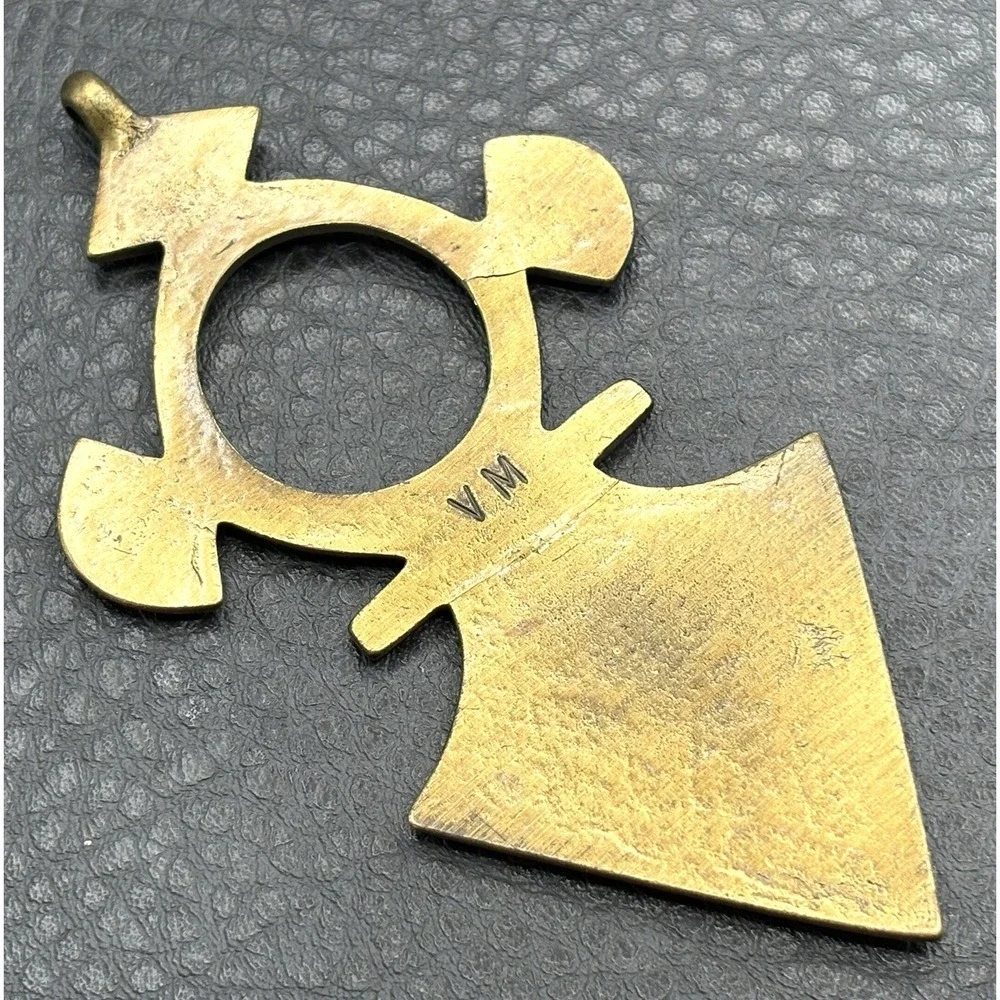 Tribal Mali Touareg Amulet Cross Pendant Long Brass Tone Geometric Signed VM